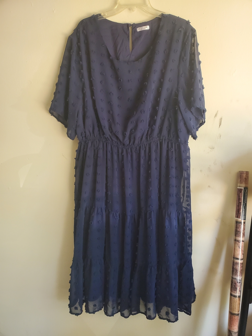 Textured Navy Midi Dress with Gathered Waist - Women